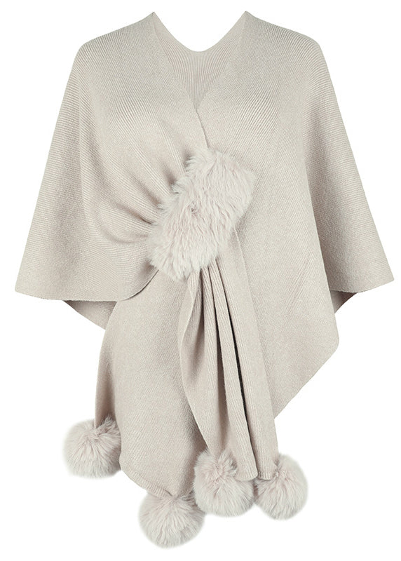 Stylish Apricot V Neck Fuzzy Ball Patchwork Knit Cape Fall