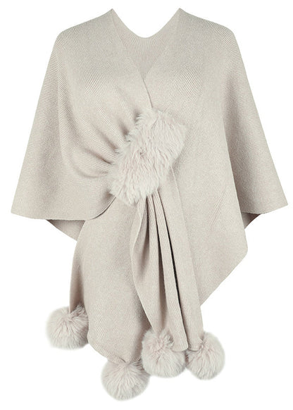 Stylish Apricot V Neck Fuzzy Ball Patchwork Knit Cape Fall