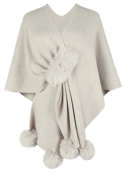 Stylish Apricot V Neck Fuzzy Ball Patchwork Knit Cape Fall