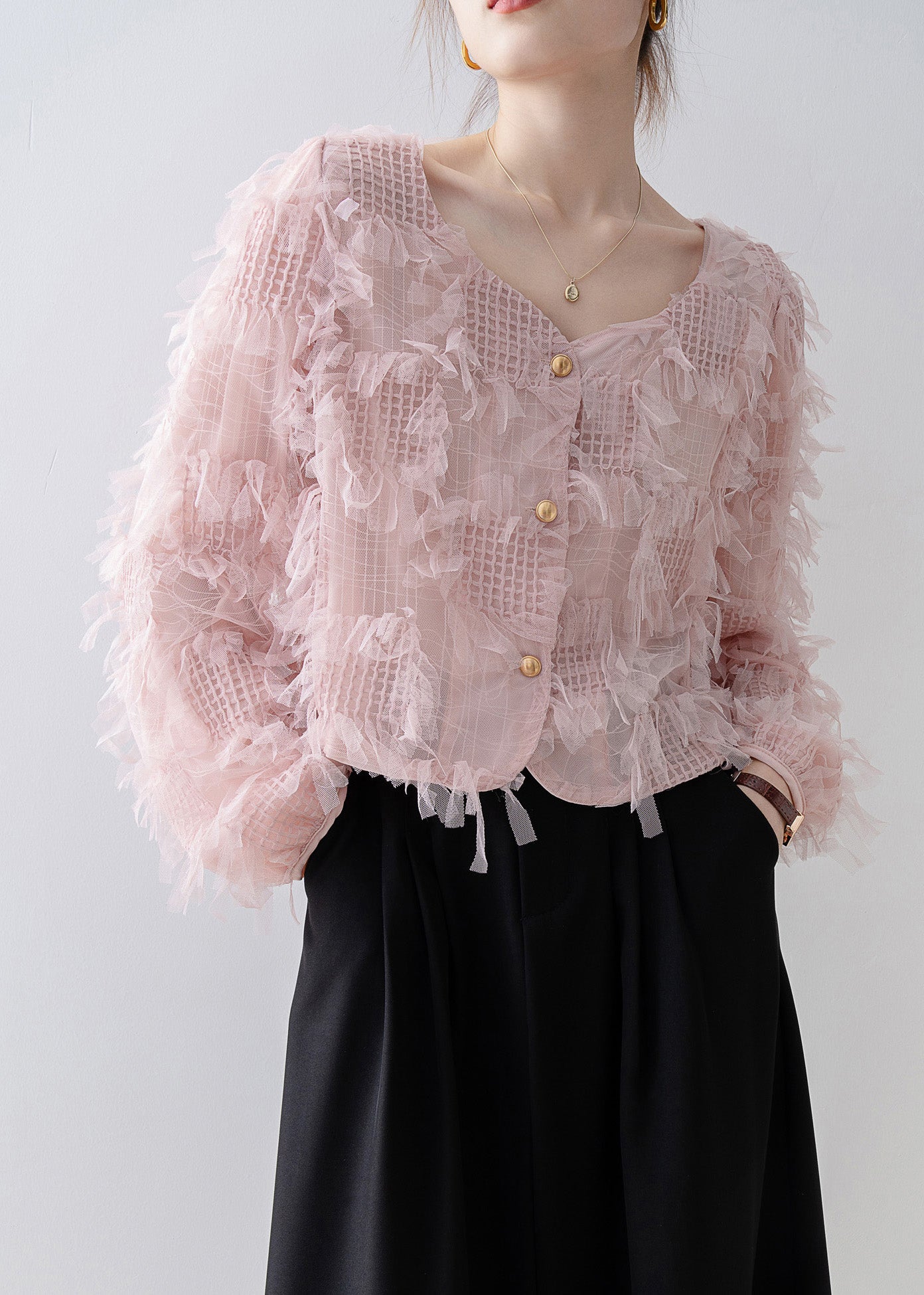 Pink Square Collar Tassel Patchwork Tulle Top Spring