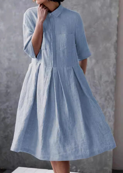 Blue Peter Pan Collar Button Cotton Shirts Dress Summer