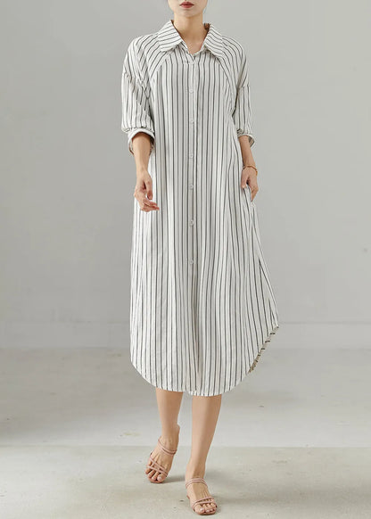 White Peter Pan Collar Striped Cotton Shirt Dresses Fall