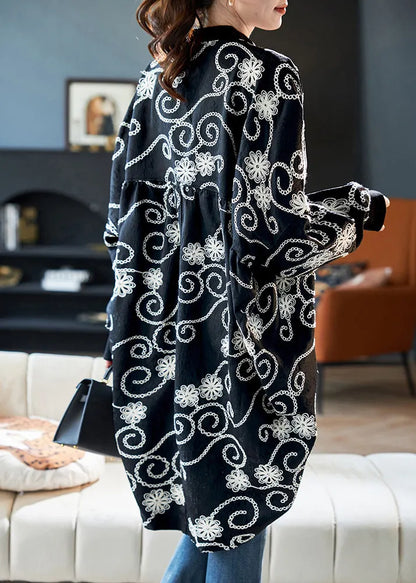 Loose Black Embroidered Cotton Cardigan Batwing Sleeve