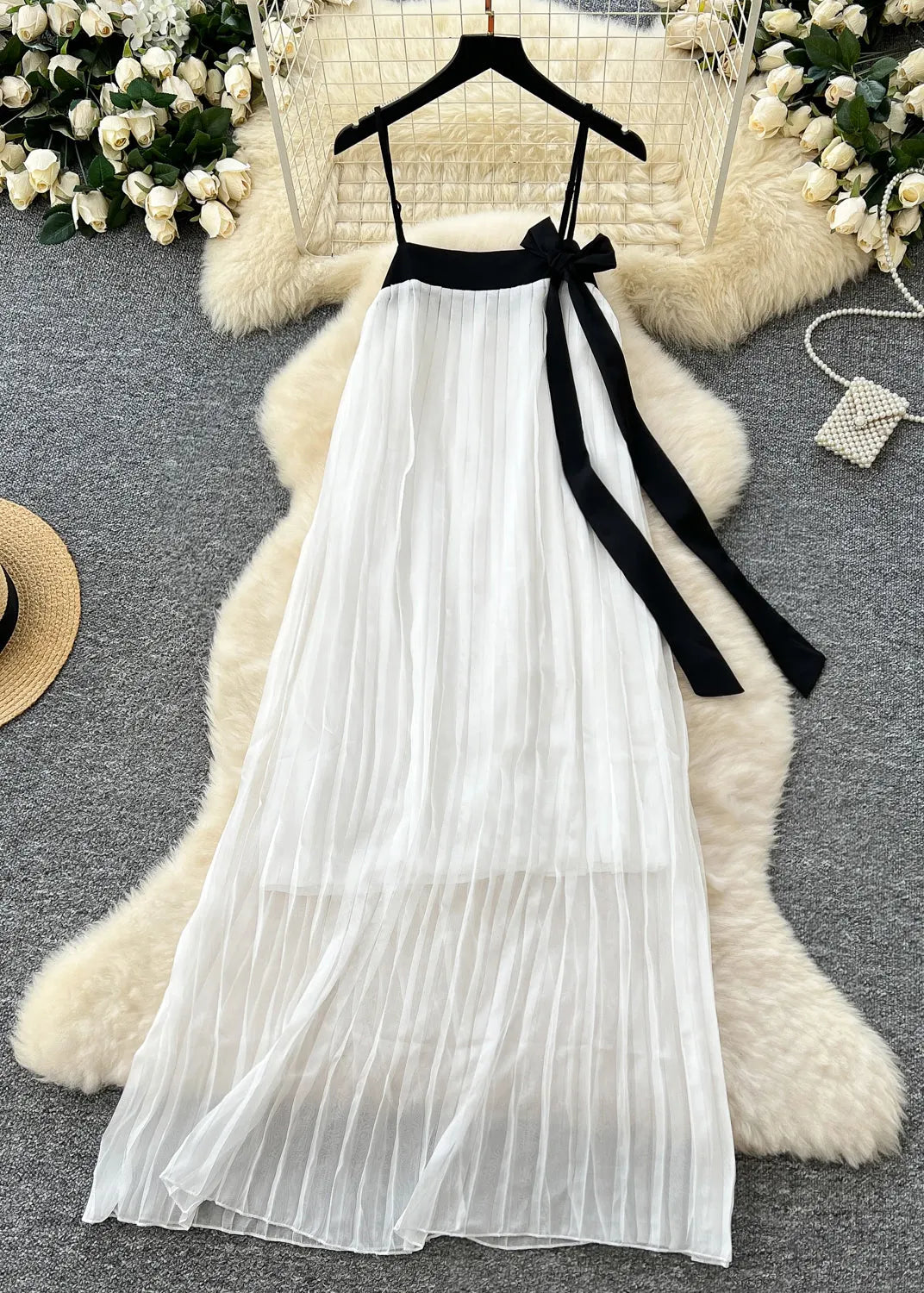 White Bow Patchwork Chiffon Pleated Cami Dress Summer