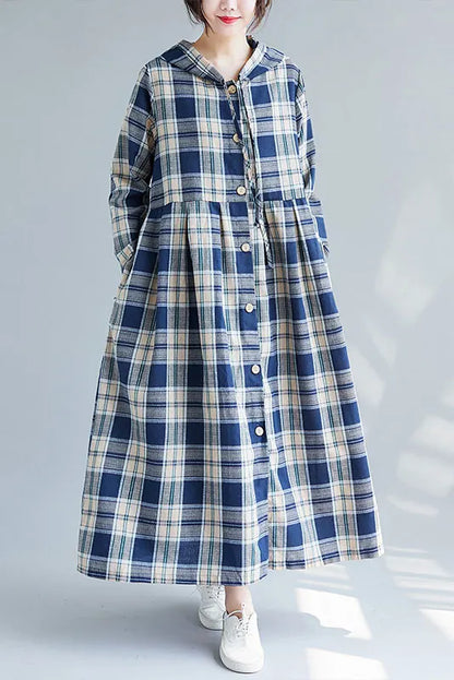 Cotton Linen Plaid Dress Hooded Cardigan