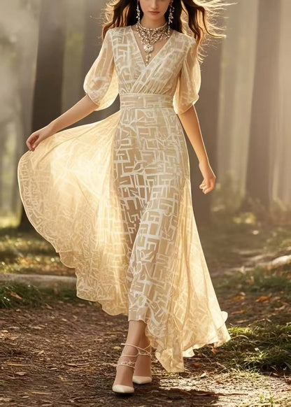 Yellow Print Exra Large Hem Chiffon Maxi Dresses Summer