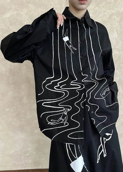 Black Cotton Shirt Tops Peter Pan Collar Graffiti Fall