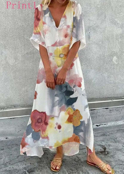 V Neck Print Loose Cotton Maxi Dress Summer