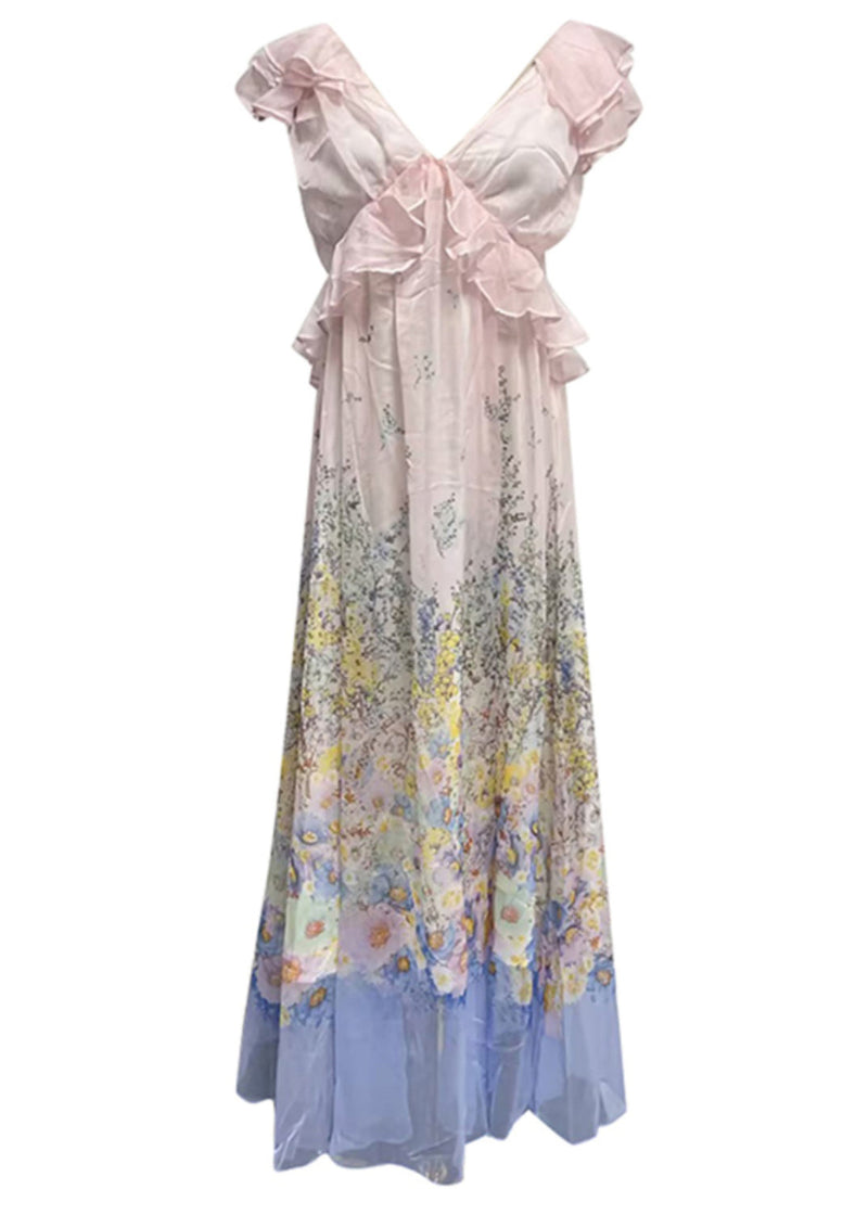 Art Gradient Color Ruffled Print Pockets Cotton Long Dress Summer
