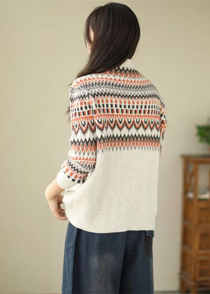 Beige Turtle Neck Thick Print Knit Sweater Tops Winter