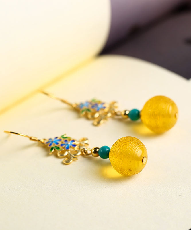 Art Yellow Sterling Silver Inlaid Amber Turquoise Drop Earrings