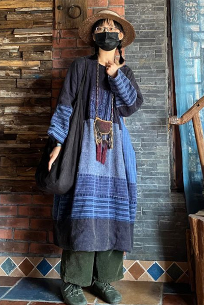 -retro Cotton Linen Distressed Colorblock Dress