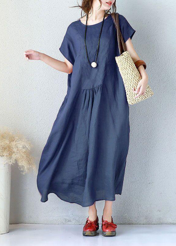 Simple Linen Clothes for Fitted Summer Loose Short Sleeve Navy Blue Dress