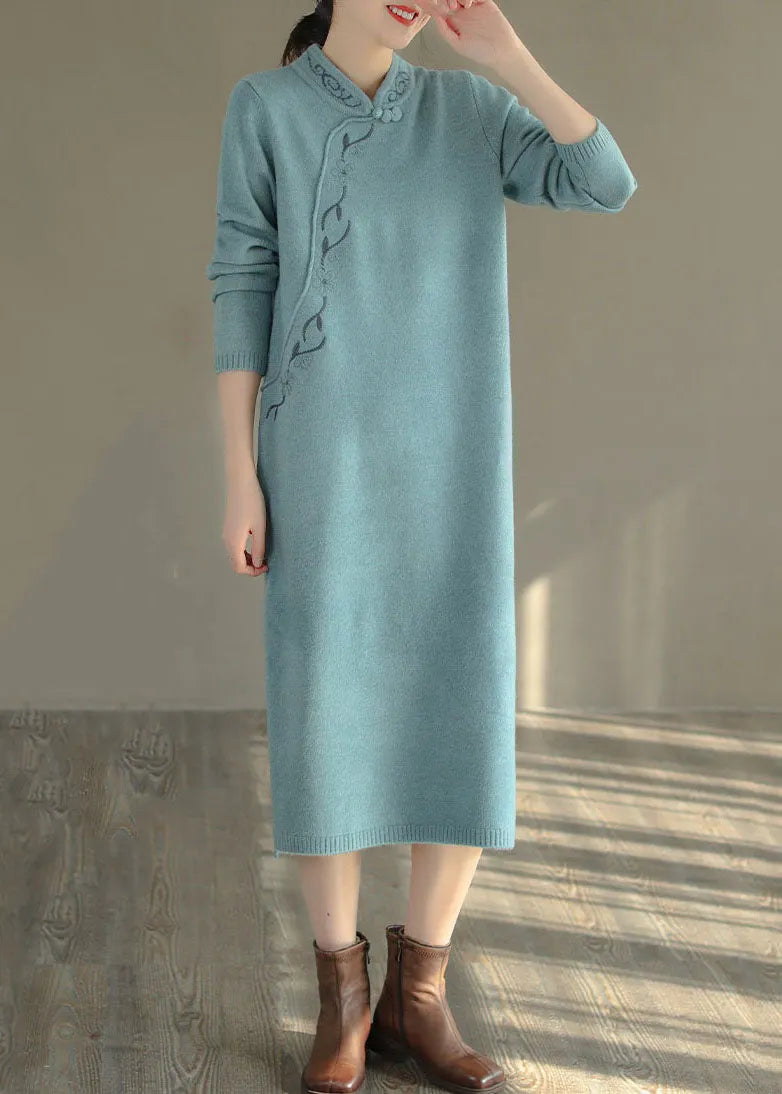 Blue Oriental Long Knit Dress Embroidered Side Open Winter