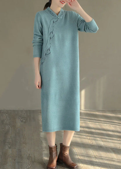 Blue Oriental Long Knit Dress Embroidered Side Open Winter