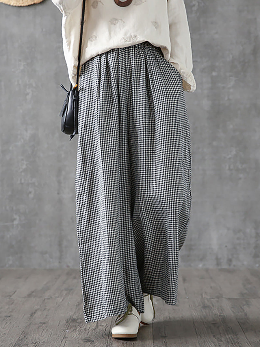 Hand-made Plaid Linen Wide Leg Pants