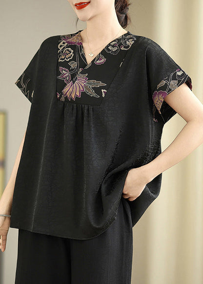 Black V Neck Patchwork Silk Shirt Tops Summer