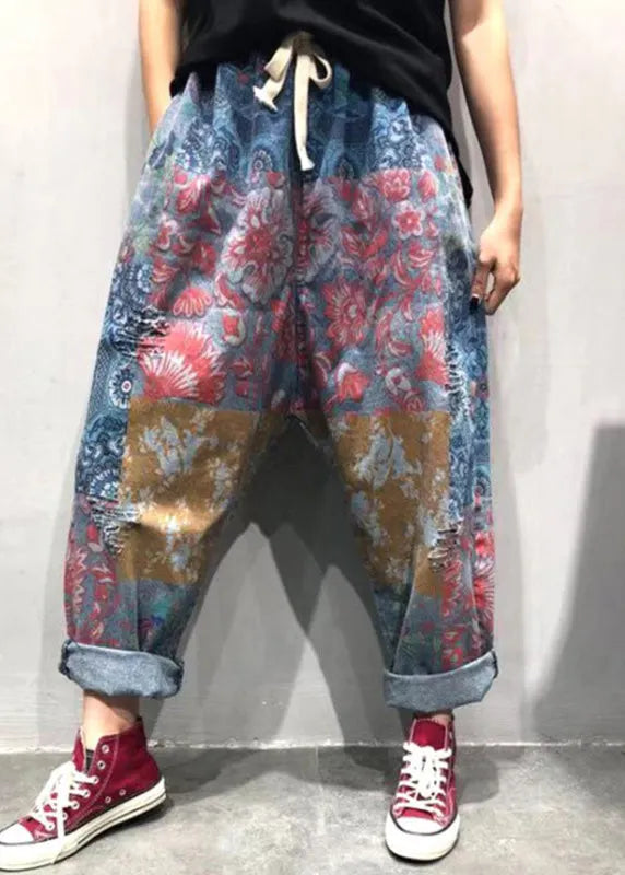 Blue Print Tie Waist Ripped Wide Leg Pants Summer