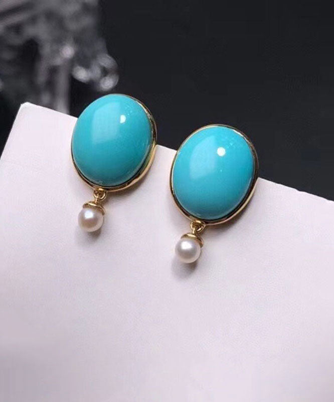 Simple Blue 18k Gold Inlaid Turquoise Jade Stud Earrings
