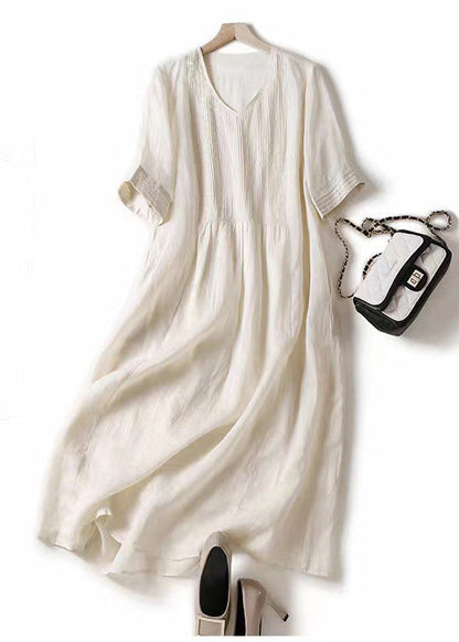 Simple Apricot V Neck Cotton Long Dresses Summer