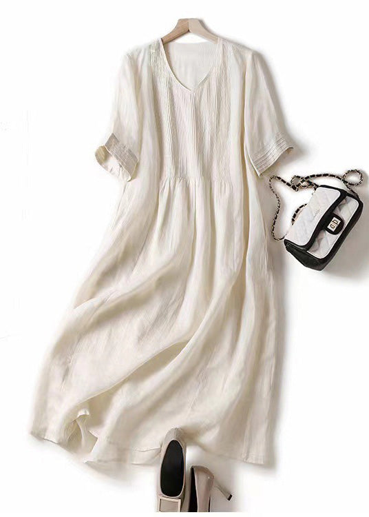 Simple Apricot V Neck Cotton Long Dresses Summer