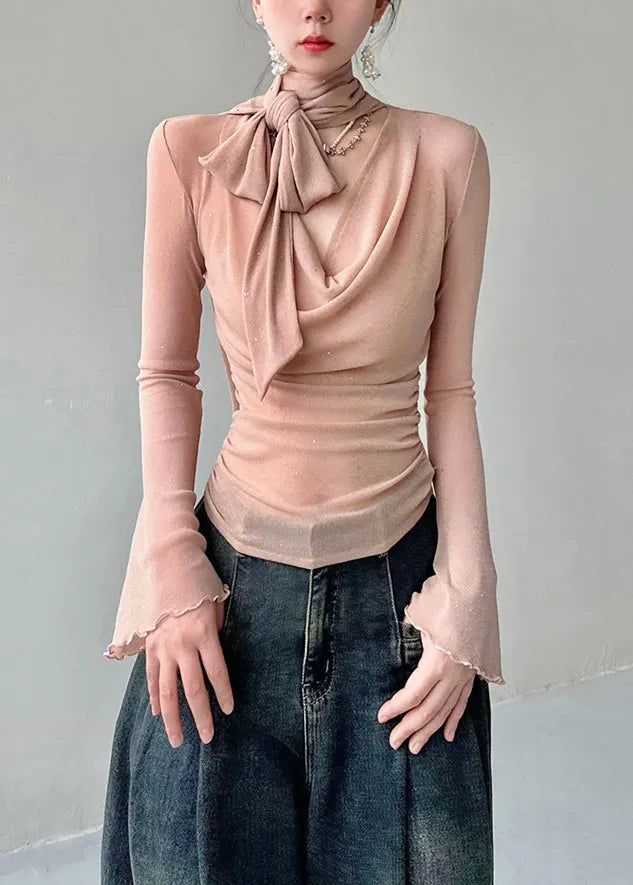 Pink V Neck Tulle T Shirts Fall