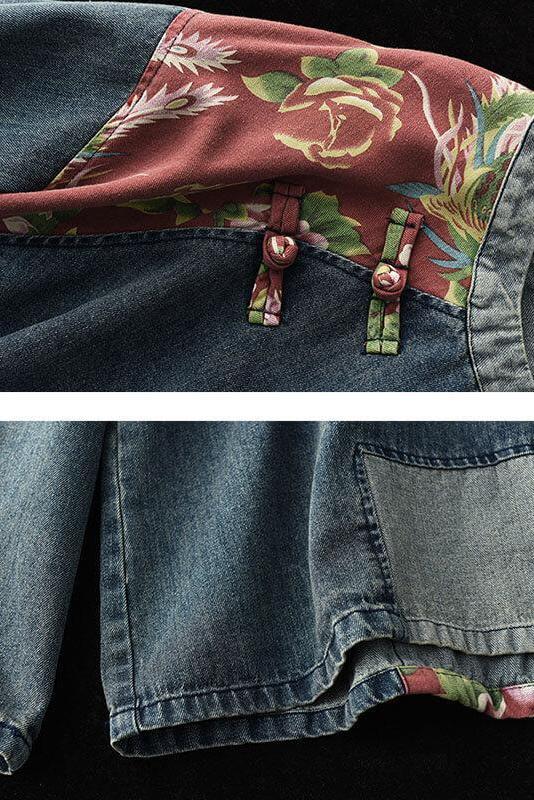 Retro Stitching Patchwork Print Denim Sweatshirt