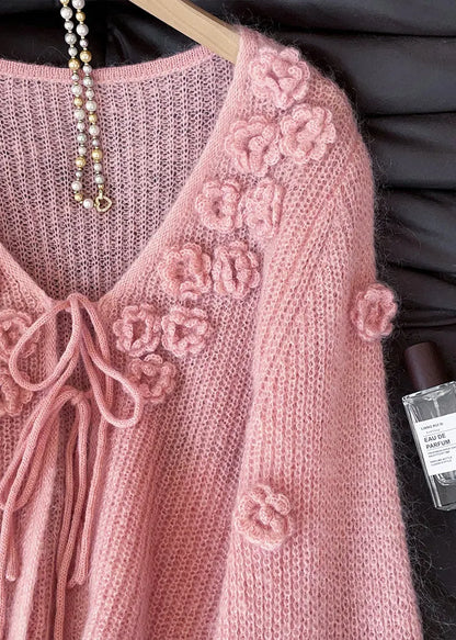 Pink V Neck Stereoscopic Knit Cardigans Fall
