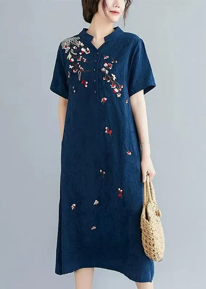 Navy Jacquard Linen Mid Dresses Embroidered Summer