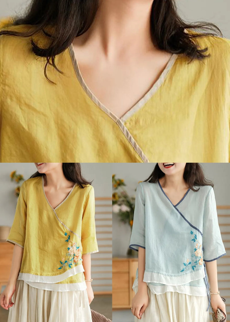 Light Blue O Neck Asymmetrical Lace Up Linen Top Spring