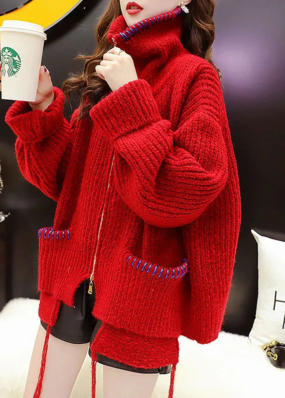 Simple Red Asymmetrical Knit Winter Sweaters Coat