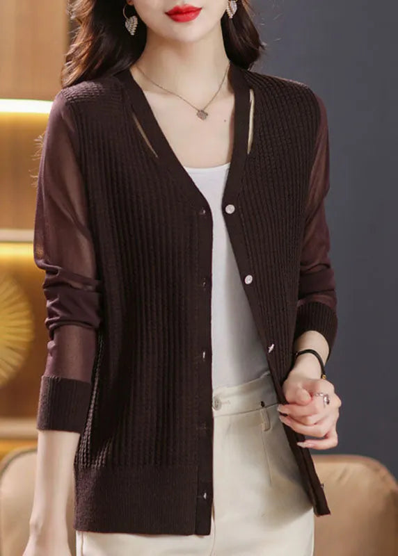 Coffee V Neck Patchwork Ice Size Knit Cardigan Fall