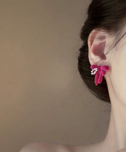 Brief Raspberry Color Alloy Pearl Flockin Butterfly Stud Earrings