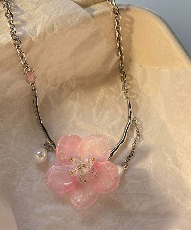 Retro Pink Stainless Steel Pearl Tassel Pendant Necklace