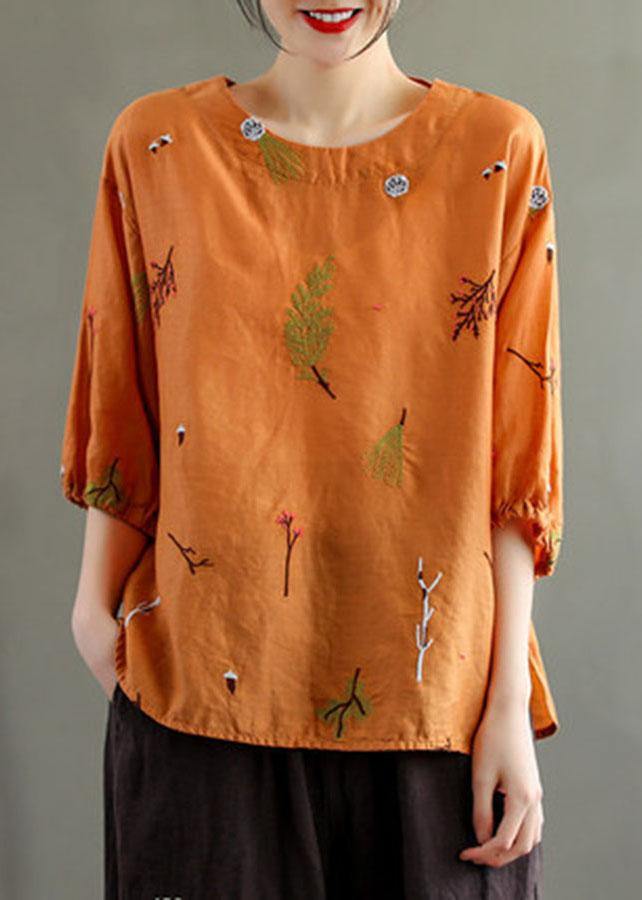 Pink O-neck Embroidered Summer Linen Blouses