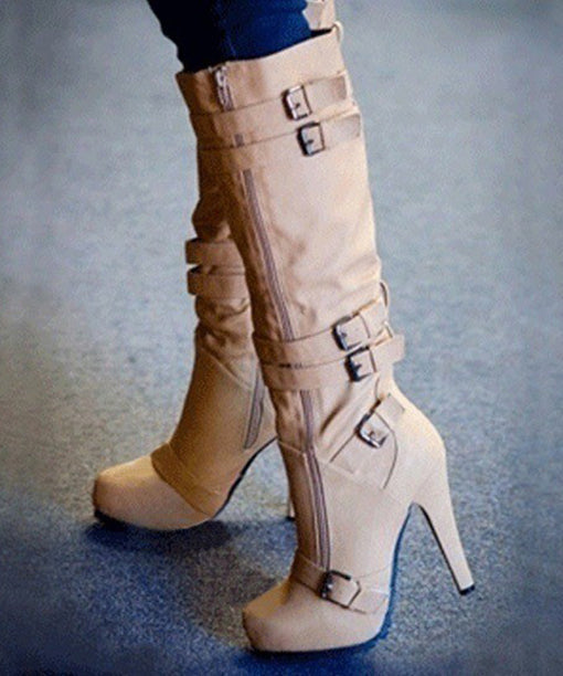 Faux Leather Apricot Zippered Buckle Strap Splicing Boots
