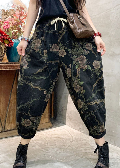Unique Black Retro Cinched Print Denim Pants Trousers Spring