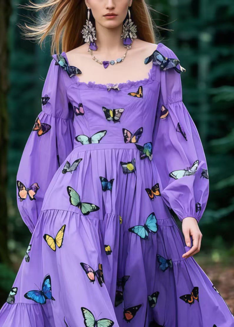 Purple Butterfly Exra Large Hem Cotton Holiday Dress Spring