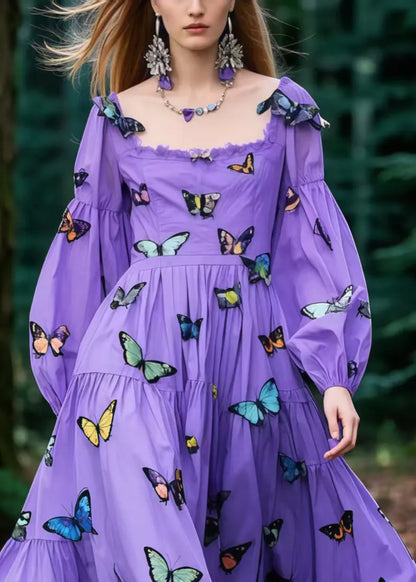 Purple Butterfly Exra Large Hem Cotton Holiday Dress Spring