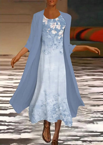 New White Print Chiffon Cardigans Dresses Two Pieces Set Summer
