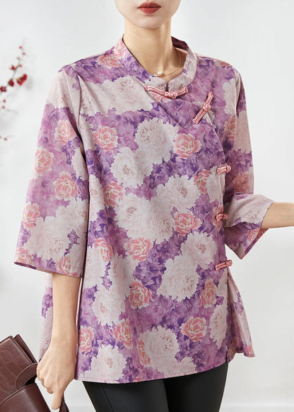 Purple Print Chinese Button Cotton Top Summer