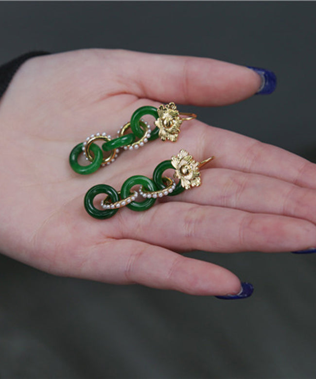 Green 18k Gold Pearl Patchwork Jadeite Hoop Earrings