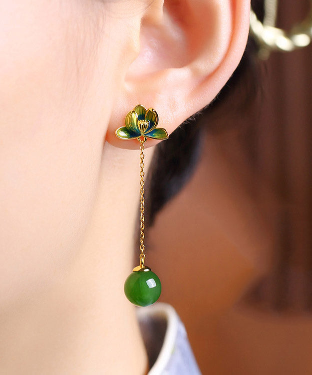 Green Sterling Silver Jade Enamel Lotus Tassel Drop Earrings