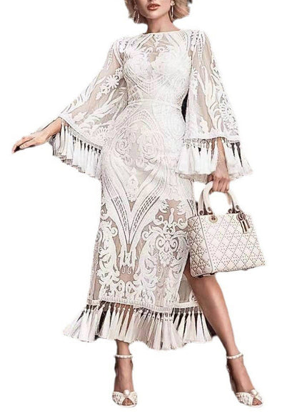 European and American Style White Tassel Embroidered Long Dress