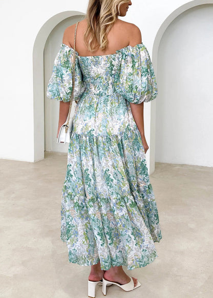 Holiday Style Green Puff Sleeve Print Wrinkled Cotton Maxi Dress