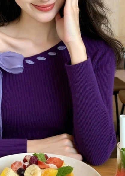 Stylish Purple Bow Knit Sweater Winter