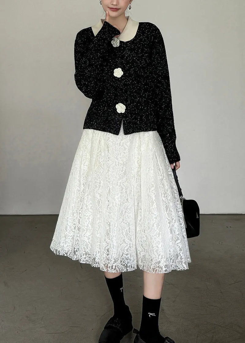 French Black Peter Pan Collar Button Knit Cardigan Fall