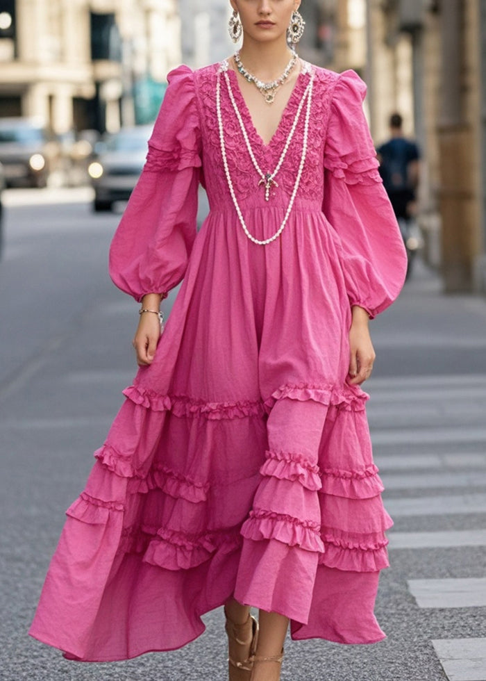 Rose Ruffled Exra Large Hem Cotton Vacation Dresses Fall