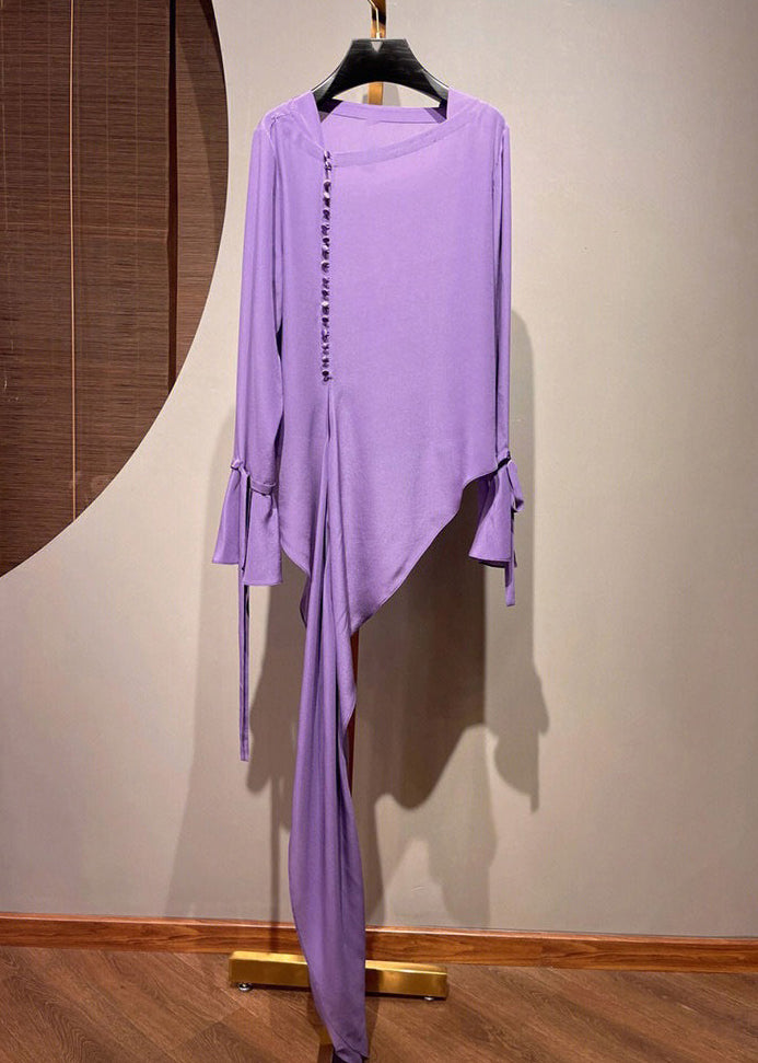 Purple Asymmetrical Tie Waist Shirt Fall