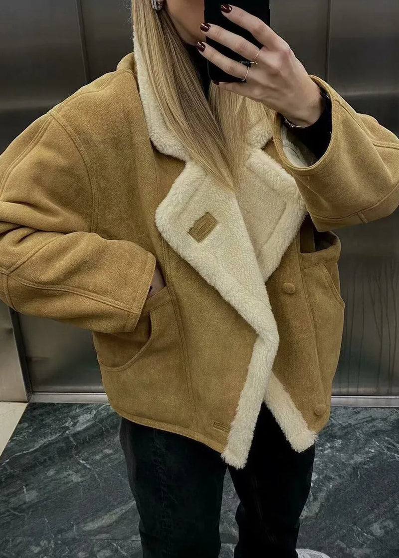Khaki Peter Pan Collar Pockets Patchwork Fleece Wool Lined Coat Winter